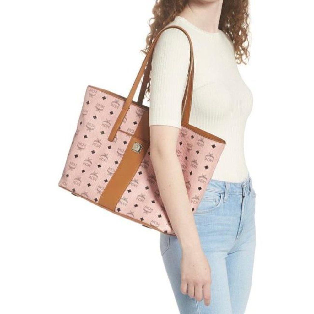 MCM Anya Pink Monogram Visetos Canvas Medium Shopper Tote - Picture 2 of 10